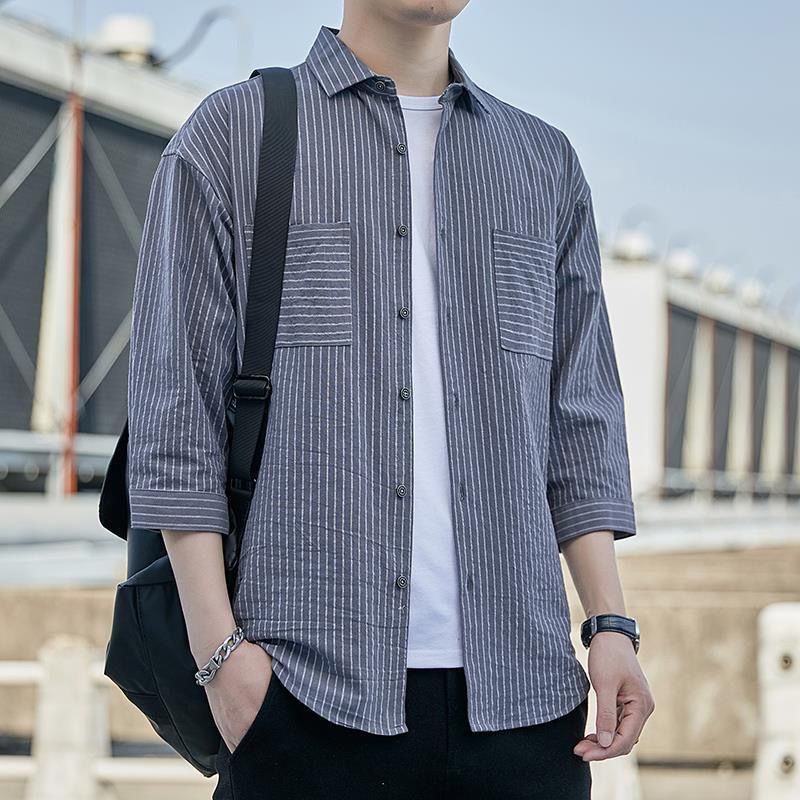 侠古晟语纯棉七分袖衬衫男士条纹衬衣休闲宽松衣服百搭帅气中青年上衣