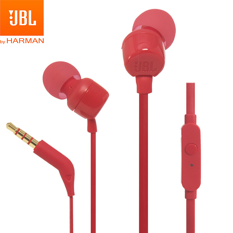 JBL T110 立体声入耳式耳机耳麦 运动耳机 电脑游戏 音乐耳机 手机有线耳机带麦可通话 活力红