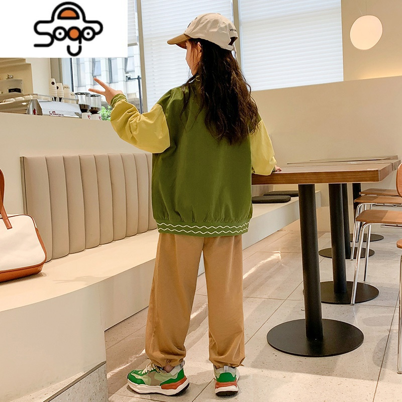 女童美式复古棒球服外套2022新款时尚韩版刺绣夹克中大童潮牌秋装 七色王国