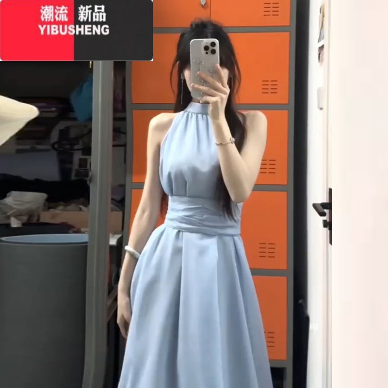 YIBUSHENG法式蓝色挂脖吊带连衣裙子女2024年季新款海边度假收腰海新度沙高清大图