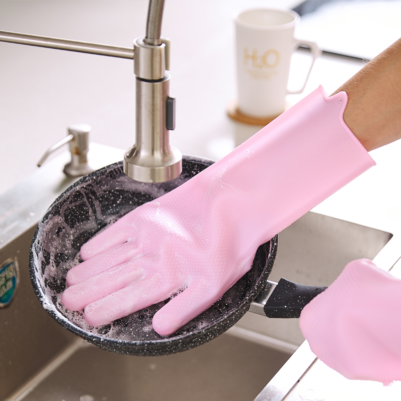厨房橡胶洗碗手套女家务用清洁耐用型阿斯卡利硅胶胶皮刷碗洗衣服粉色
