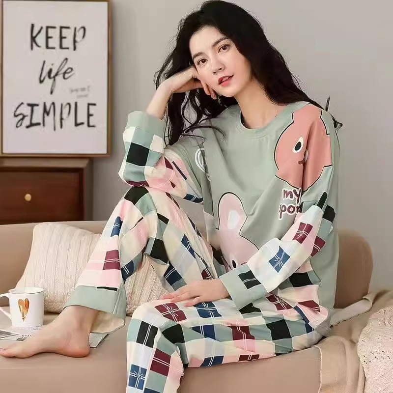 新款啄木鸟100%纯棉睡衣女春秋季长袖带胸垫秋冬可外穿家居服套纯高清大图