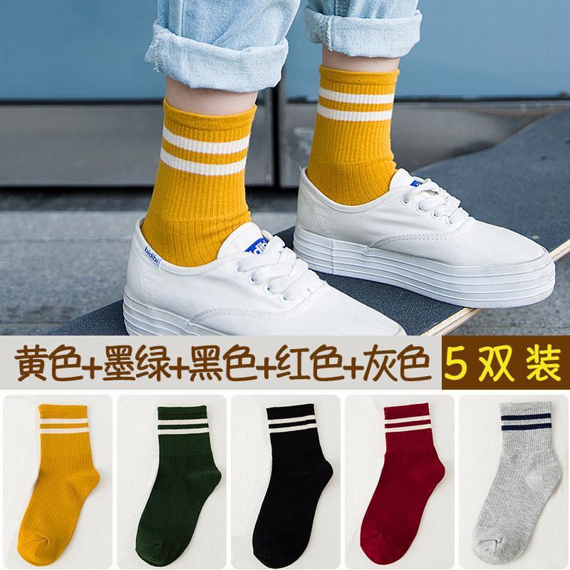 堆堆袜女日韩系春夏季中筒棉袜学院风袜条纹时尚短袜子黄色+墨绿+黑色+红色+灰色(5双装)G0180均码(5双装)
