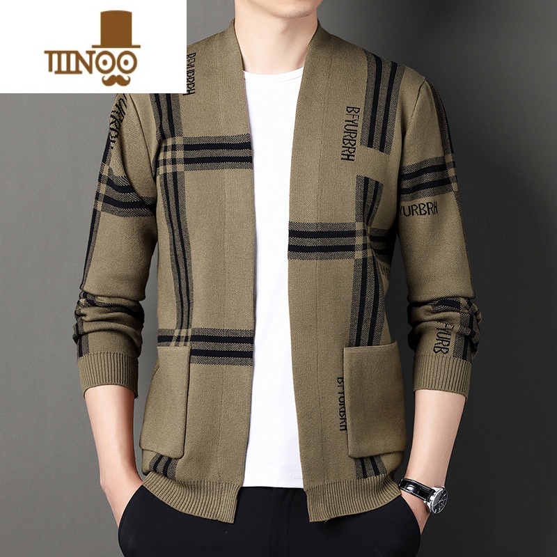 YANXU男士开衫春毛衣针织衫新款潮流休闲百搭青年外套上衣服 卡其 180