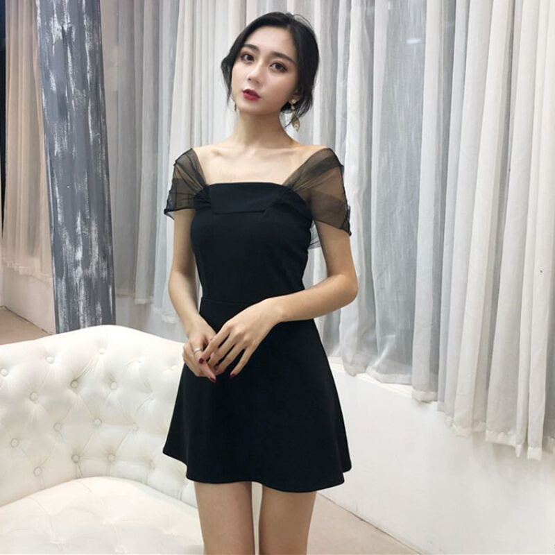 夏季韩版性感一字肩网纱无袖打底抹胸a字裙显瘦高腰连衣裙女