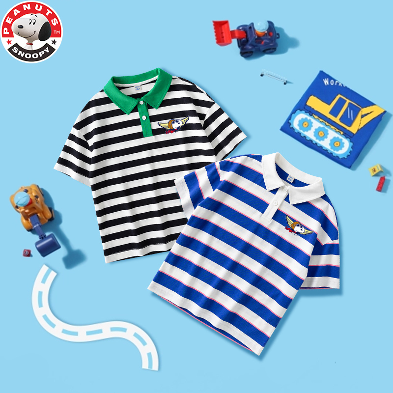史努比(SNOOPY)儿童T恤男大童条纹POPL衫男孩夏季中大童棉半袖 23TP01
