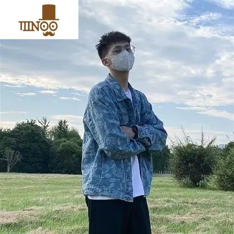 YANXU腰果花牛仔外套男潮牌欧美街头大码工装夹克韩版潮流新款上衣图片