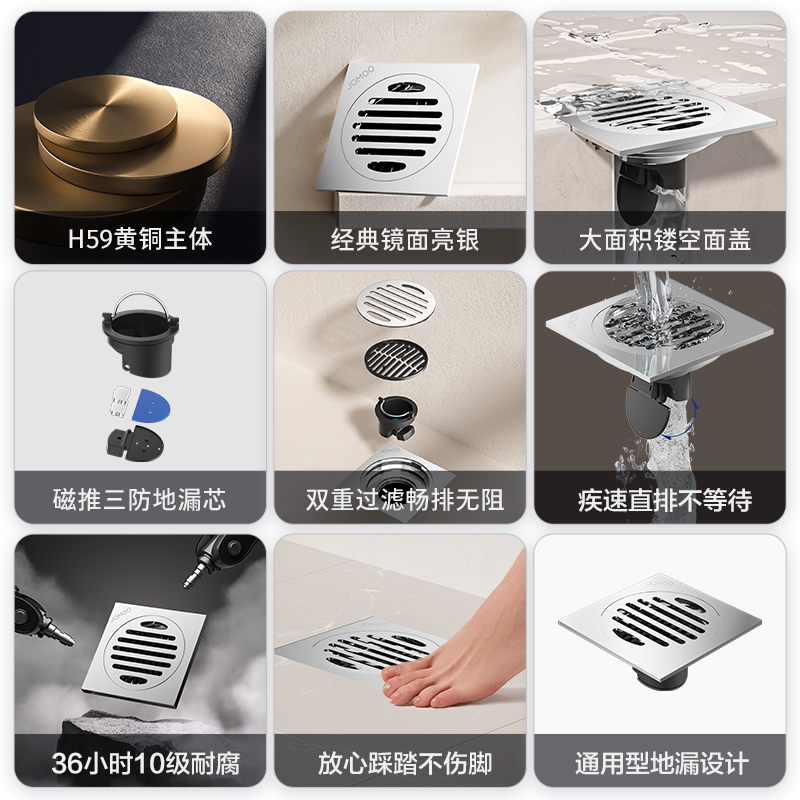 九牧(JOMOO)铜镀铬镜面防臭地漏卫生间浴室阳台洗衣机地漏三防地漏92560/92561/92553高清大图