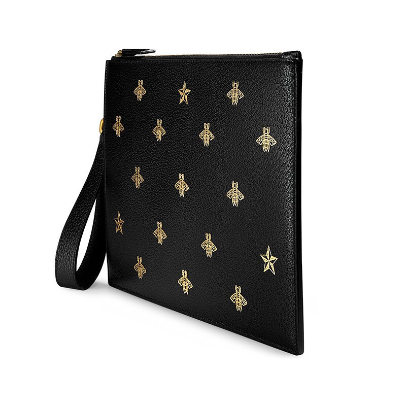 海外直邮gucci古驰男包牛皮蜜蜂星星印花黑色男士手拿包情侣款495066