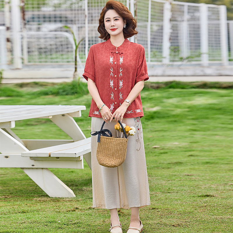 纤孜雅 夏季妈妈棉麻印花短袖套装新款中老年时尚大码上衣裤子两件套 红色 5XL