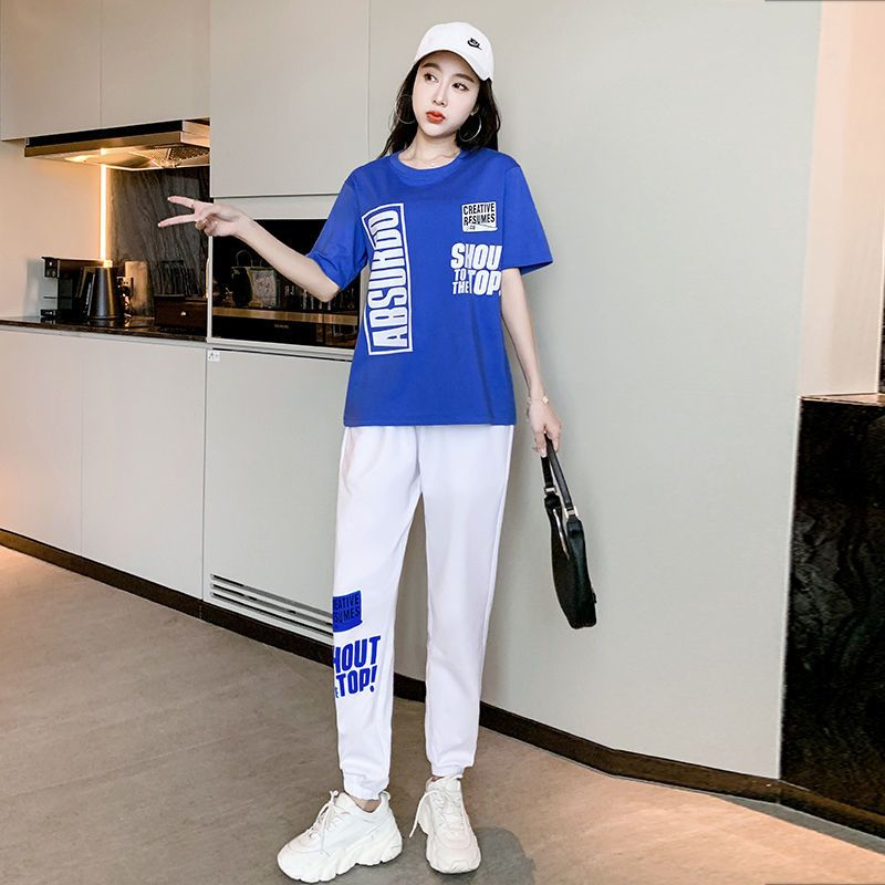 真维斯2022年夏季新款洋气减龄显瘦时尚潮牌休闲运动裤两件套装女