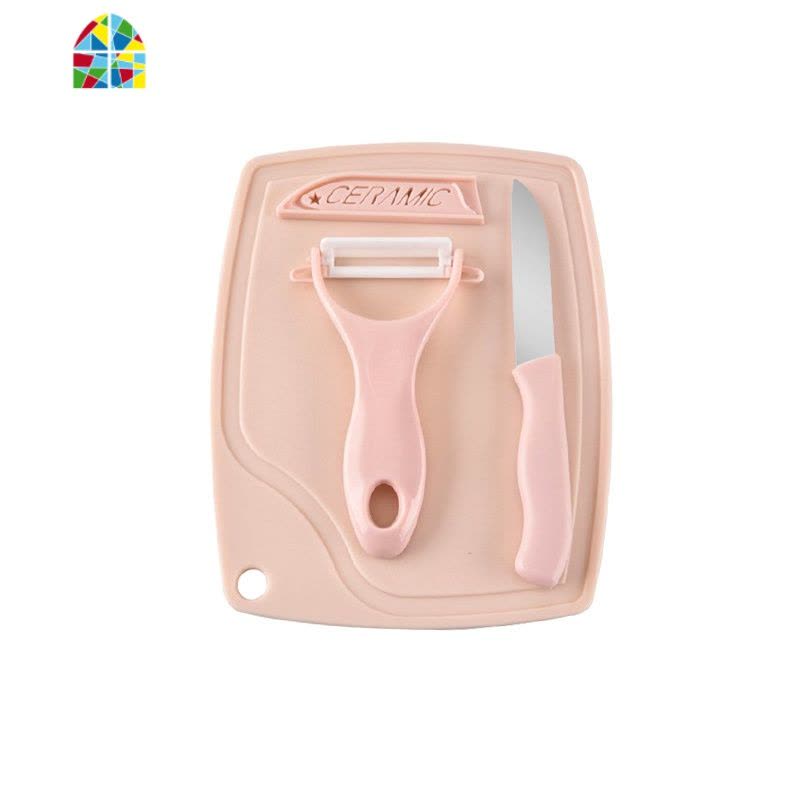 儿童陶瓷水果刀三件套瓜果刀刨丝器削皮刀具菜板套装宝宝辅食剪刀 FENGHOU 北欧粉陶瓷三件套削皮器图片