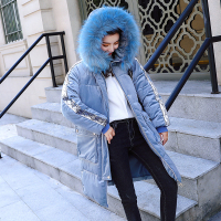 班图诗妮2019网红冬季亮片金丝绒大毛领羽绒棉服中长款外套女