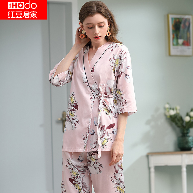 红豆居家(Hodohome)女士睡衣日式和服居家服花卉印花系带式中袖长裤甜美系可外穿家居服