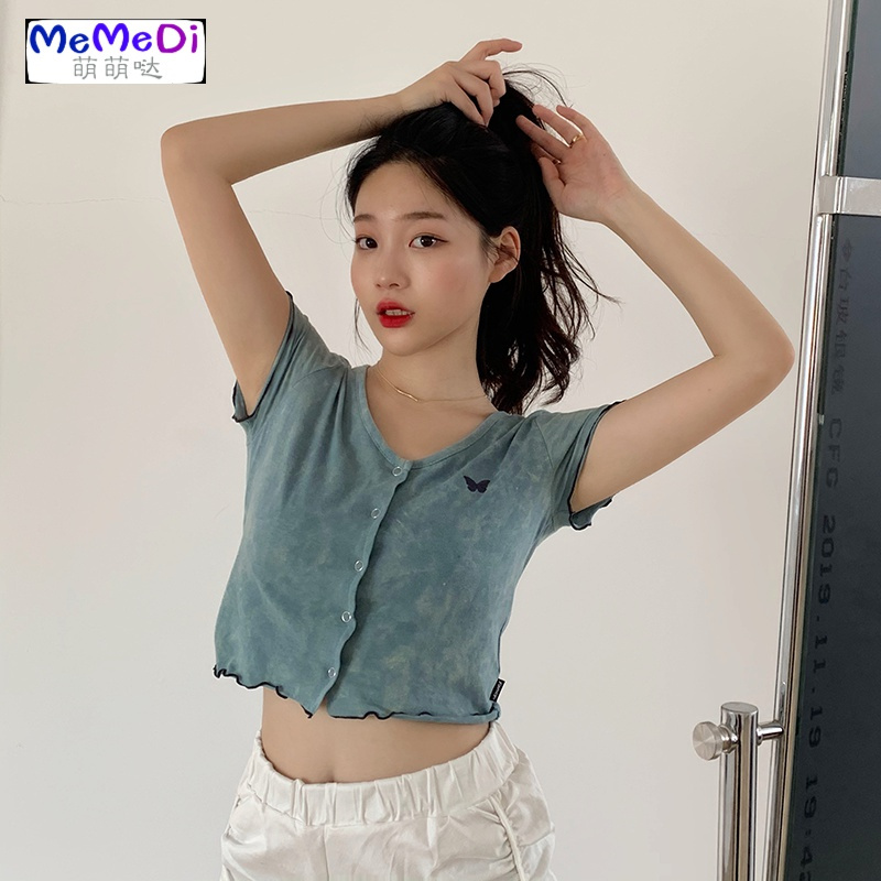 2020夏季新款港味chic心机上修身显瘦短款扎染蝴蝶短袖T恤女ins