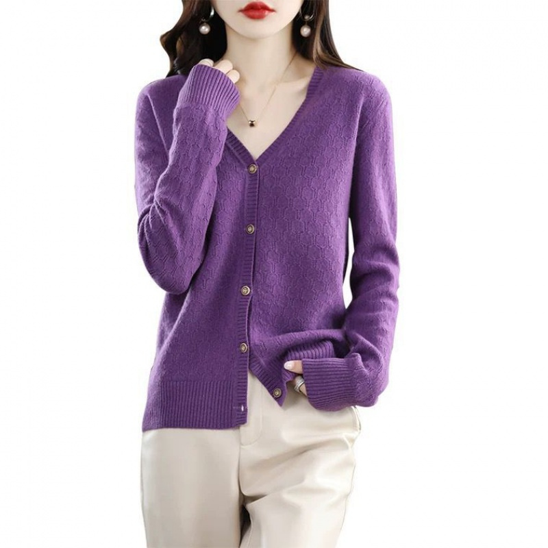 恒源祥羊毛衫女秋冬新款v领宽松短款羊绒毛衣针织开衫外套