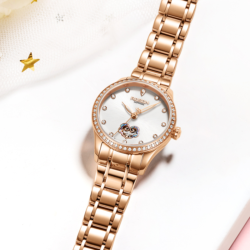 劳士顿rosdn手表女国产品牌潮流防水女士镂空钢带表带钻装饰自动机械