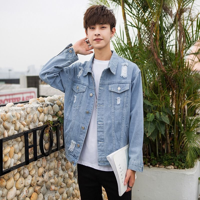 圣吉奥破洞牛仔外套男春秋新款百搭韩版帅气修身学生夹克衫牛仔衣