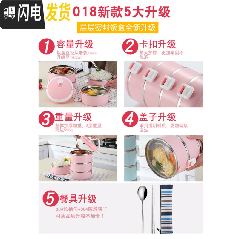 三维工匠不锈钢多层保温饭盒便当盒学生便携1人分隔型女上班族3格餐盒套装 三层(黑色)+餐具+保温袋高清大图
