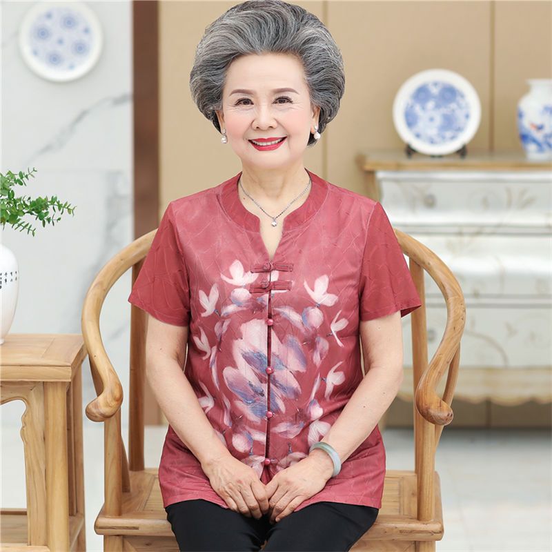 中老年女装夏装妈妈装短袖衬衫60-70-80岁奶奶唐装中式衬衣两件套 XC-12短袖粉色单件上衣 L(建议70-85斤)