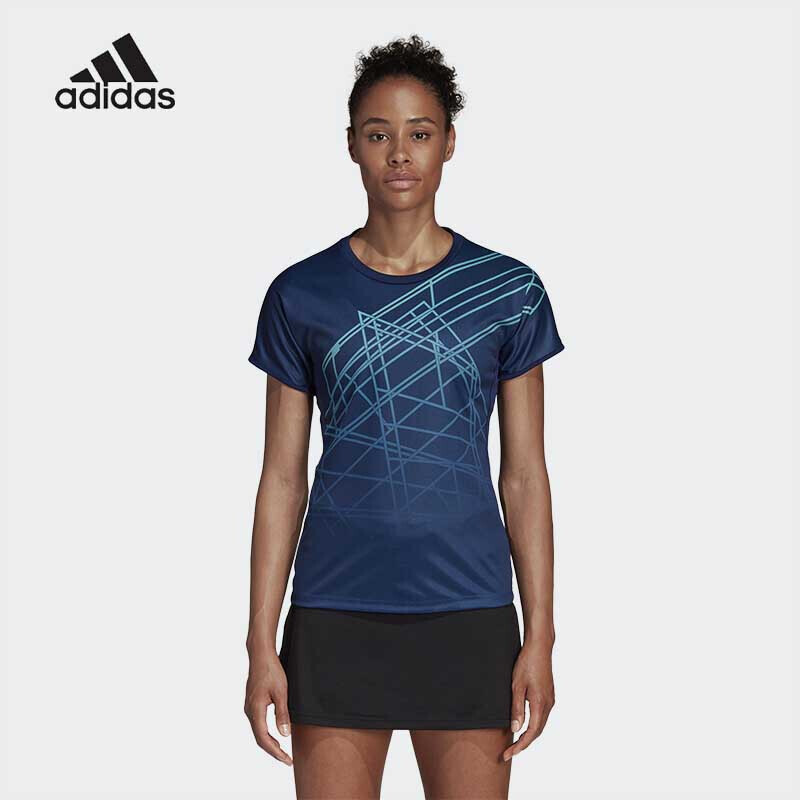 阿迪达斯 (adidas)短袖 运动T恤女速干透气羽毛球服针织圆领休闲半袖上衣 女款深蓝色短袖CW7064 S码-XX