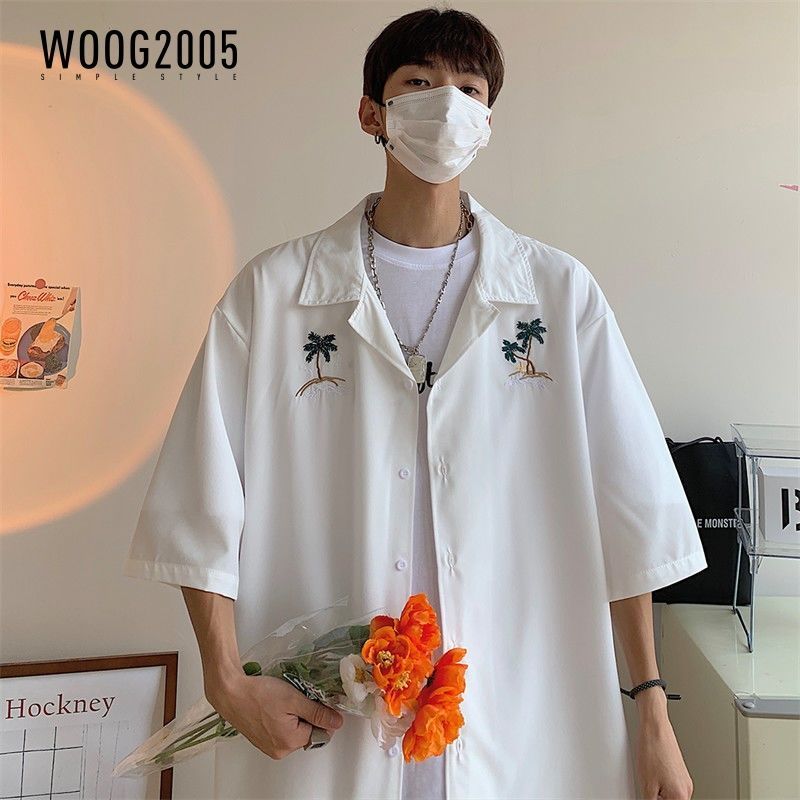 WOOG2005夏冰丝薄款短袖衬衫男士宽松高级垂感休闲五分半袖衬寸衣