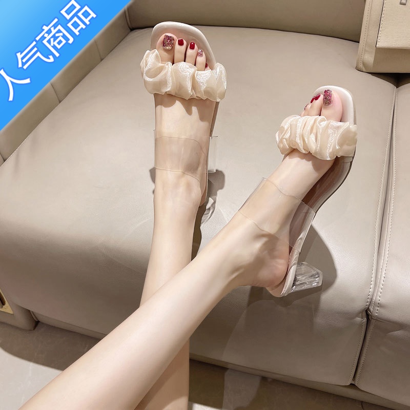 SUNTEK凉拖女外穿夏季新款2023年水晶透明粗跟法式凉鞋拖鞋夏天新鞋凉N高清大图