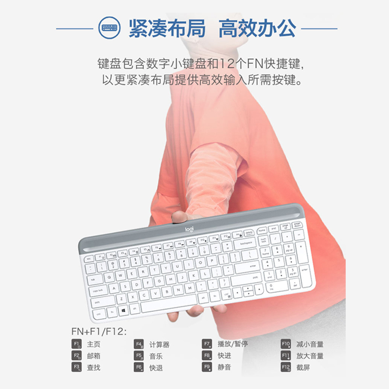 罗技(Logitech)MK470 键鼠套装 办公游戏无线键鼠套装 全尺寸超薄 无线2.4G接收器 白色