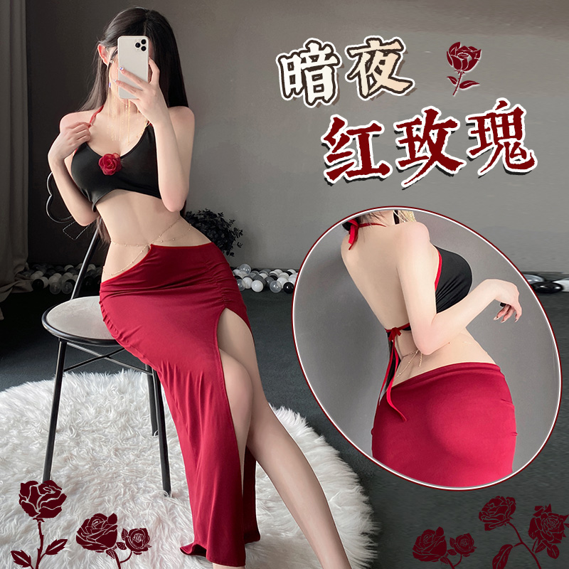 霏慕性感情趣内衣金链饰腰性感露背套装6615女式情趣睡衣制服床上衣服高开叉长裙高清大图