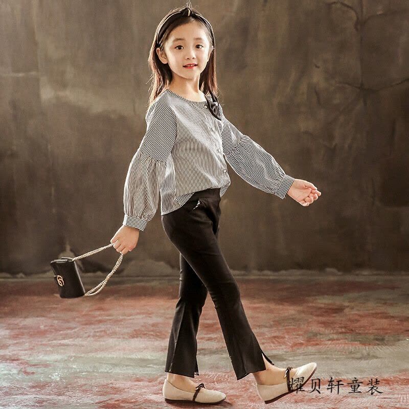 迪鲁奥(DILUAO)女童洋气套装2021新款春秋装时髦两件套装儿童上衣长袖衬衫喇叭裤 黑色图片