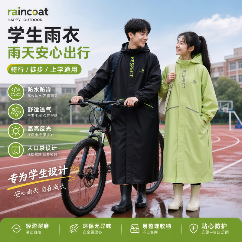正雨儿童雨衣长款全身防暴雨初高中生上学带书包位电动车透气雨披9063高清大图