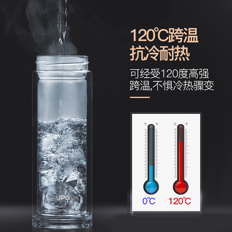 苏泊尔(SUPOR)耐热玻璃杯KC42CN1 商务办公泡茶杯车载开会卧室送礼出行多功能水杯不锈钢滤网隔热杯带把手逸系列