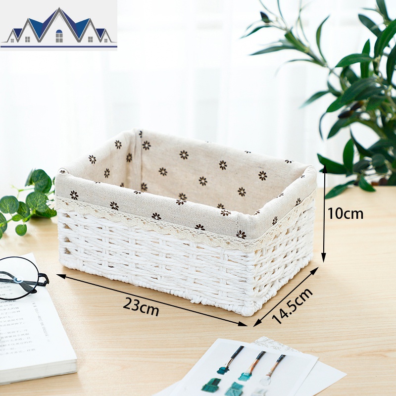 编织收纳筐藤编储物盒桌面化妆品编零食筐钥匙遥控器布艺小篮子 三维工匠收纳篮 白色中号内衬款