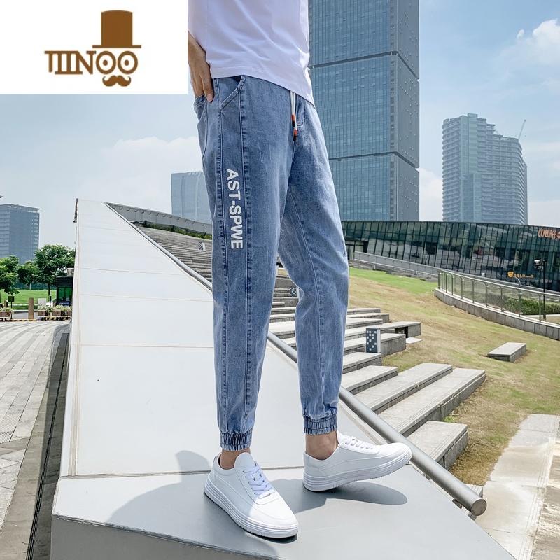 YANXU浅色牛仔裤男士2023夏季薄款潮牌宽松束脚直筒裤子韩版潮流九分裤高清大图