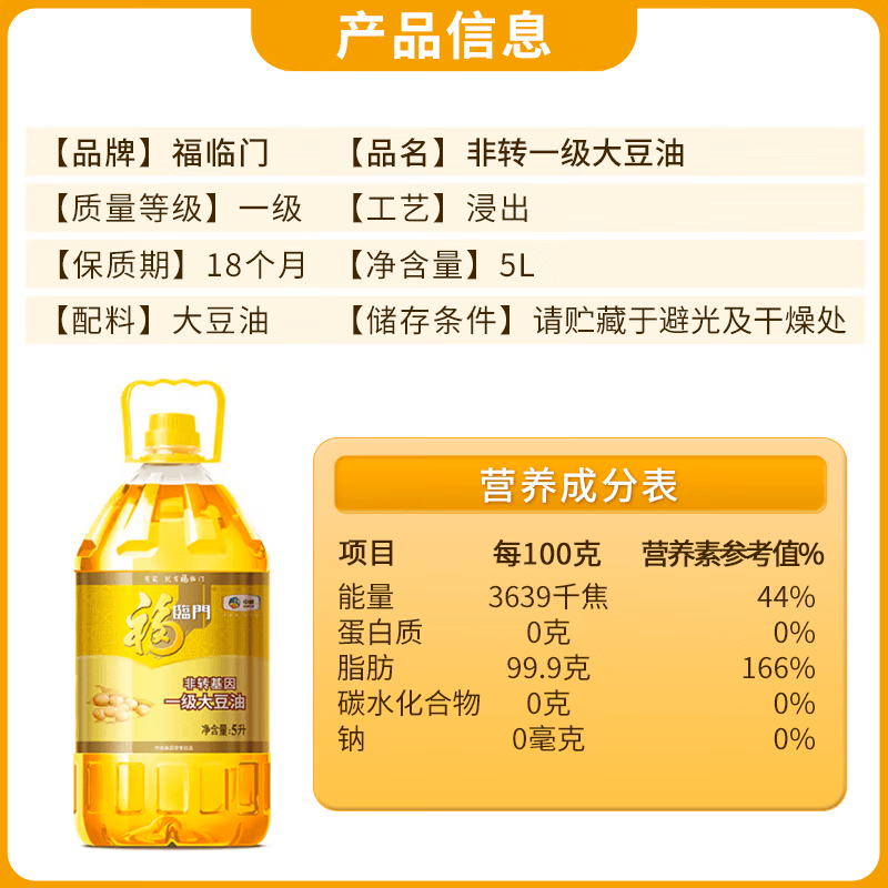 中粮福临门 非转基因一级大豆油5L*2桶 单位:套高清大图