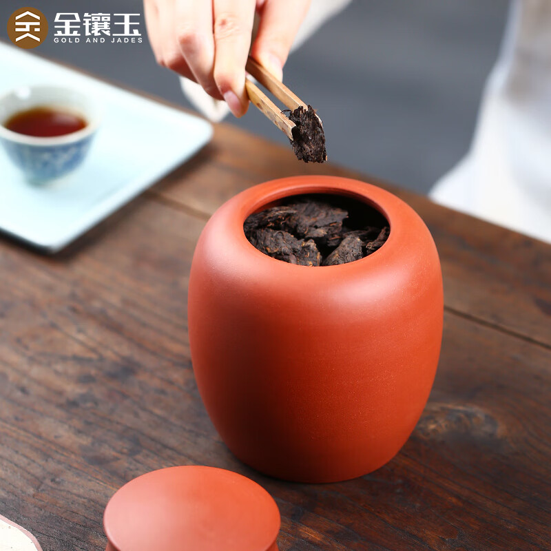 金镶玉 平盖高罐 存茶罐 宜兴紫砂茶叶罐储存罐精品大号醒茶罐原矿紫泥高清大图