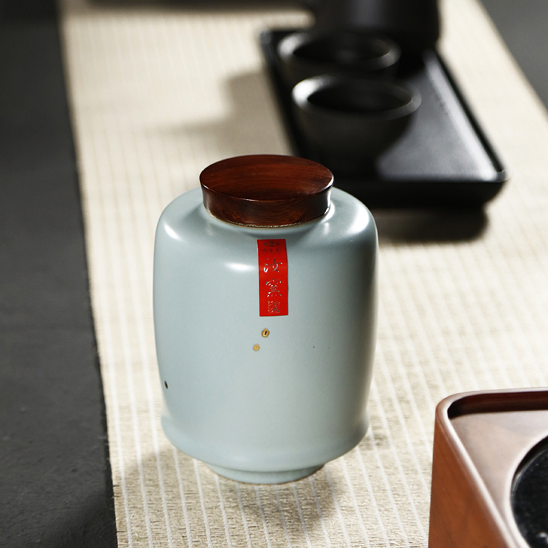 戴云品格 原矿汝窑茶叶罐开片正品汝瓷茶仓茶罐家用功夫茶具礼品 天青手工描金桐馨茶叶罐