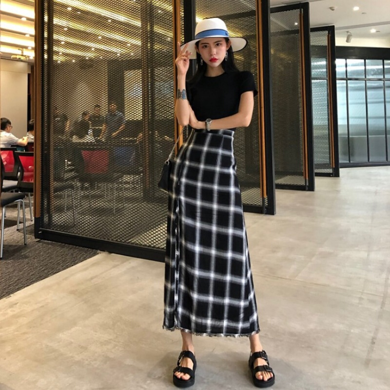 黑白格子半身裙女复古拉链开叉裙A字高腰显瘦中长裙2018新款夏季
