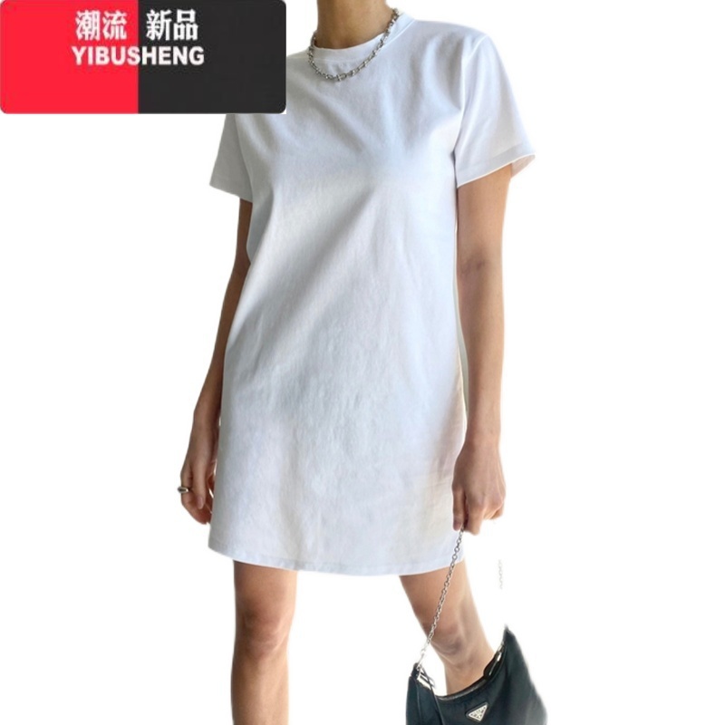 YIBUSHENG短袖t恤裙女中长款圆领套头纯色舒适宽松打底显瘦连衣裙子高清大图