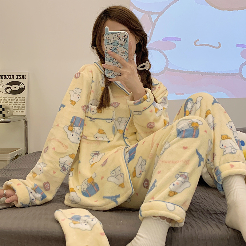 权小威 睡衣女士秋冬季长袖加绒加厚可爱少女开衫家居服套装