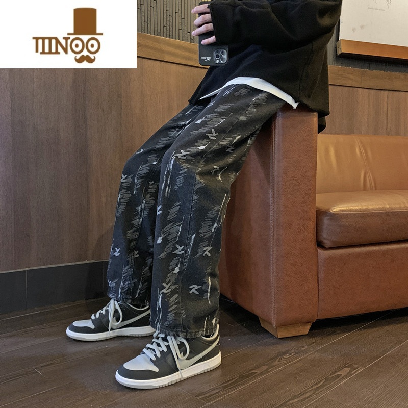 YANXU高街潮牌提花牛仔裤男美式街头嘻哈潮流直筒宽松学生阔腿休闲长牌高清大图