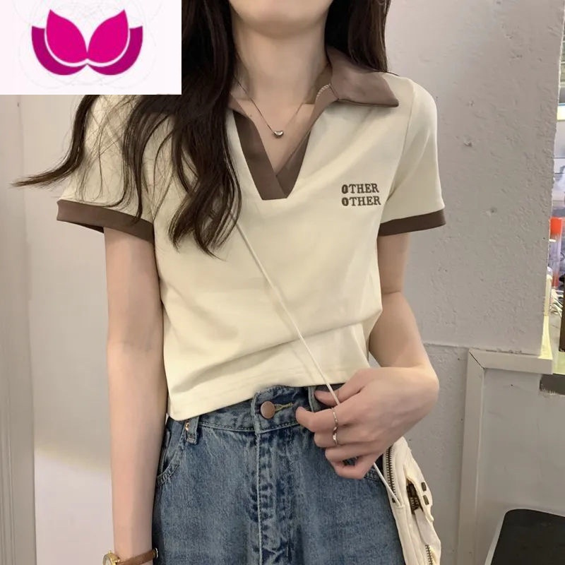 七斓甜美夏季小清新正肩polo领设计感小众短袖T恤女ins修身短款上衣潮