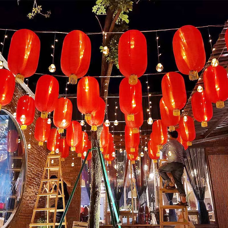 大红连串灯笼 防水冬瓜折叠舞蹈拉丝灯笼 180*25cm(长10号四连串)3组装高清大图