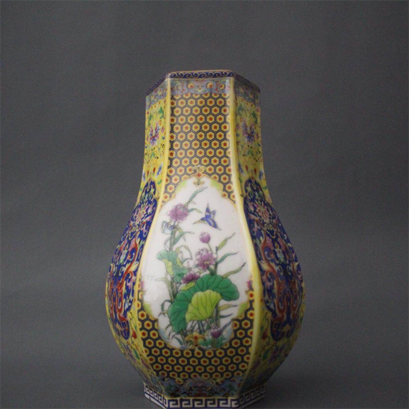 美帮汇景德镇仿古陶瓷雍正珐琅彩六方花鸟福筒花瓶家居装饰展柜摆件收藏高清大图