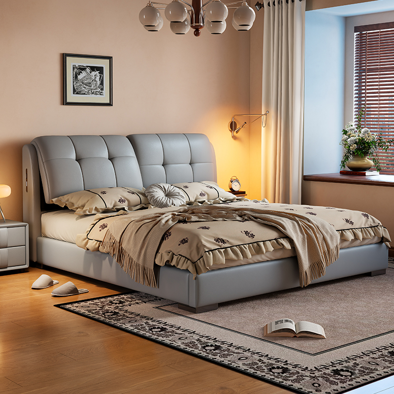 现代轻奢真皮床高级感简约家用次卧1.5米软包床主卧室储物网红床高清大图