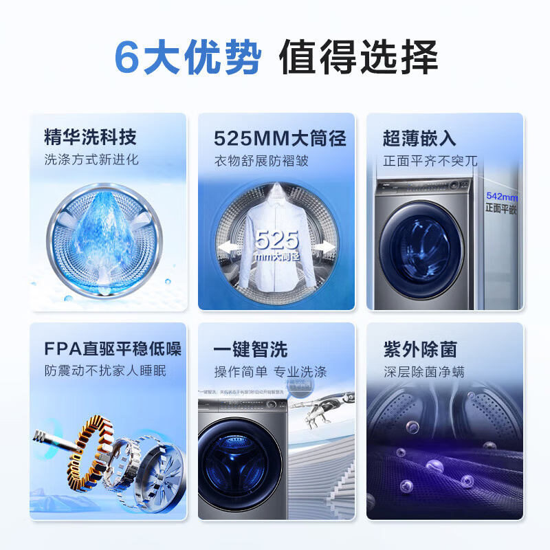 海尔滚筒洗衣机全自动单洗 云溪经典版176 超薄10公斤直驱精华洗XQG100-BD176PLUSL