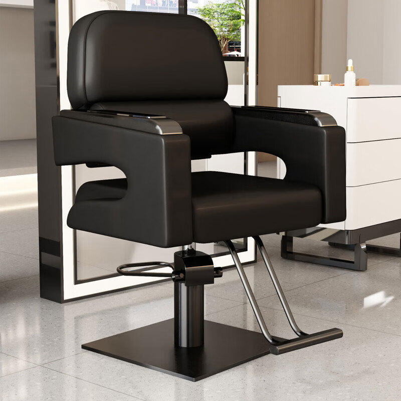 戴劲理发椅美发凳发廊专用升降旋转可放倒剪发椅黑色黑色不锈钢方盘高清大图