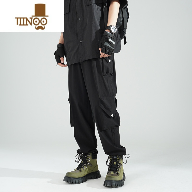 YANXU2023秋季潮流百搭休闲裤男生高街潮牌宽松直筒束脚机能垂感工装裤高清大图