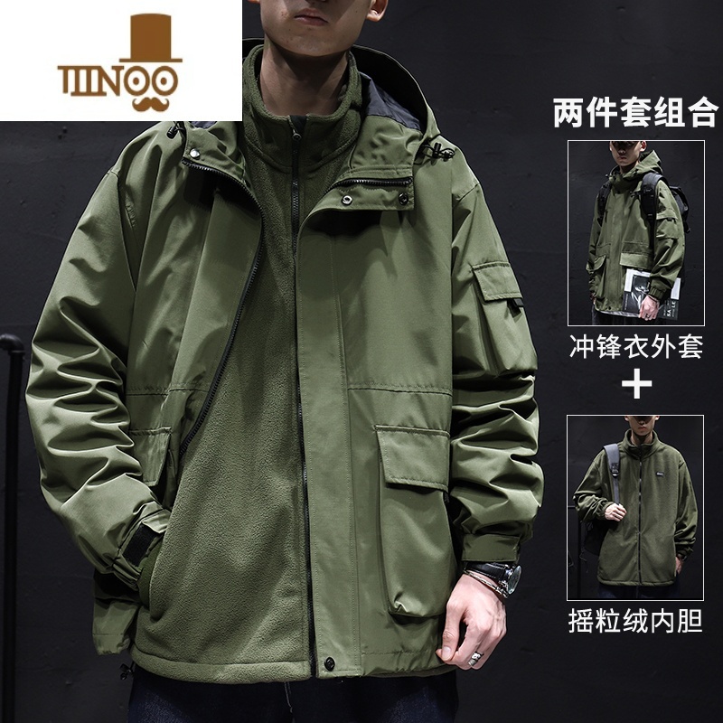 YANXU冲锋衣男防风外套男士风衣休闲户外连帽潮牌宽松纯色防水夹潮高清大图