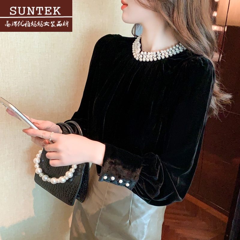 金丝绒打底衫女春秋洋气内搭小衫2023年新款显瘦重工圆领长袖上衣